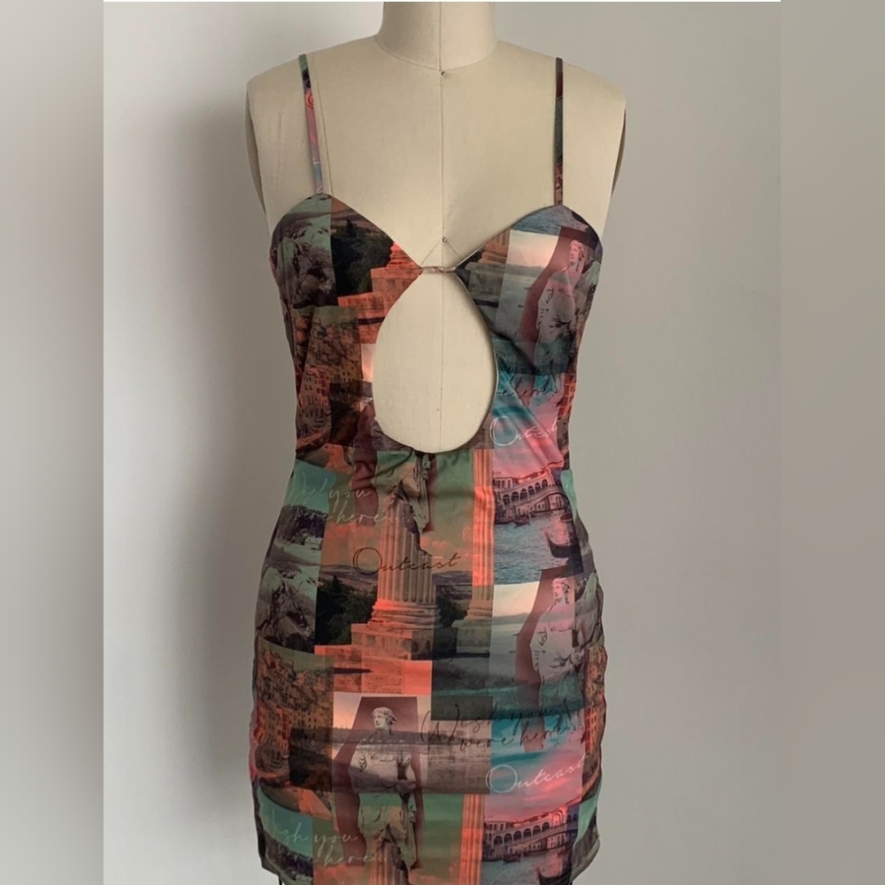Orange and Blue Bodycon Dress with Plunge Neckline